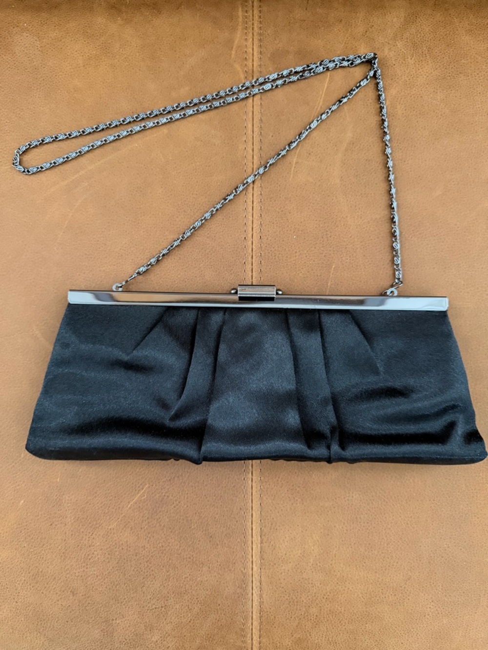 Jacqueline Ferrar Party Cocktail Black Satin Clutch with Metal Clasp/Strap